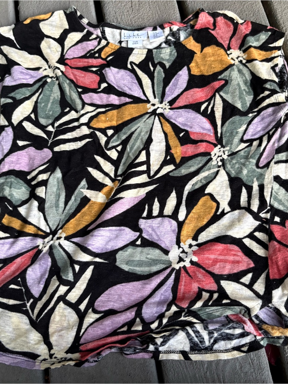Nicole Miller Black Short Sleeve Tee with Lavender, Coral & Mustard Floral Print